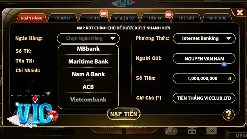 Hướng dẫn cách nạp thưởng qua tài khoản ngân hàng